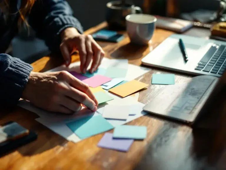 Freelancer organiseert kleurrijke visitekaartjes en documenten op houten bureau naast laptop met carrièretransitie-informatie