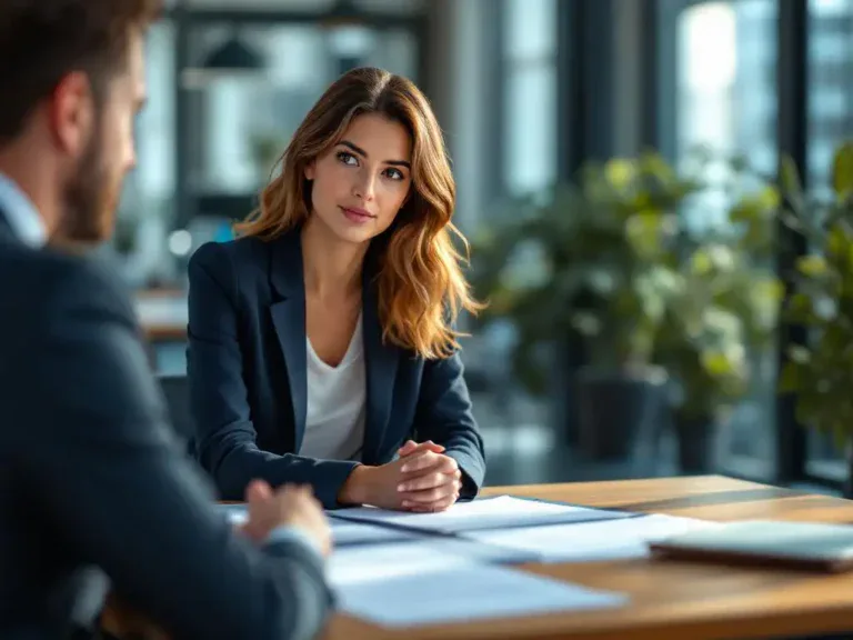Professionele vrouw in zakelijke kleding luistert tijdens gesprek met HR-manager aan modern kantoorbureau met contracten
