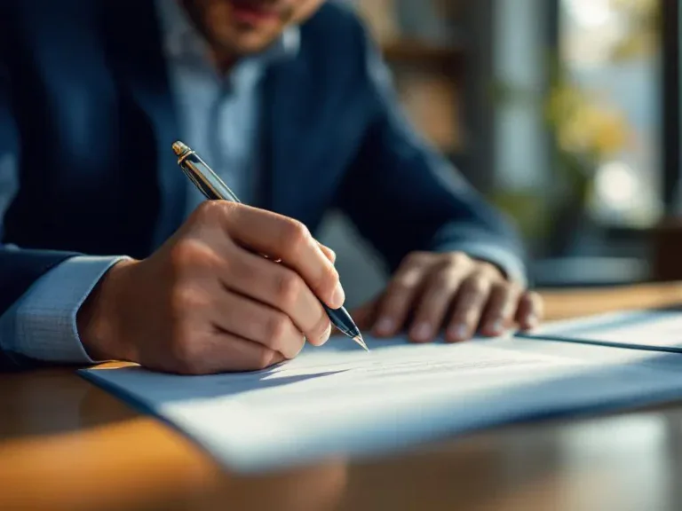 HR-manager bekijkt officieel document aan houten bureau met pen in hand, gefocuste uitdrukking bij natuurlijk licht