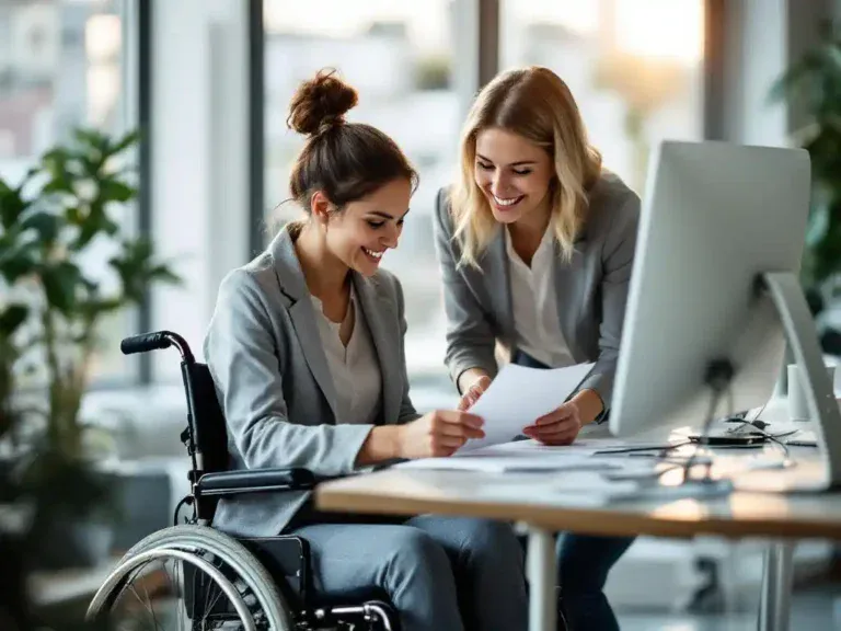 Professionele vrouw in rolstoel werkt samen met staande collega aan moderne kantoorbureau, beiden glimlachend tijdens documentenreview