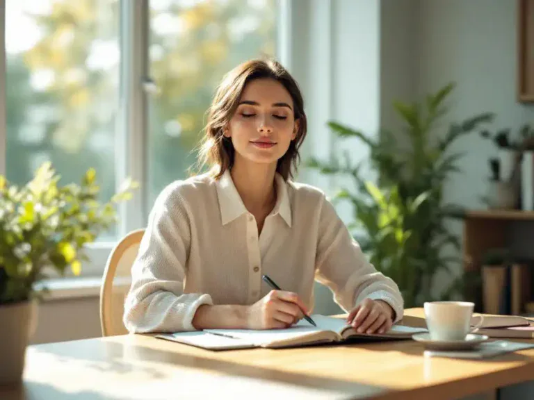 Persoon zit rustig aan houten bureau in modern kantoor met notitieboek, plant en thee bij groot raam