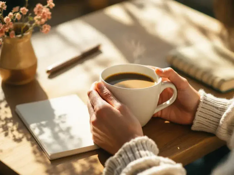 Handen houden warme koffiekop boven houten tafel met open notitieboek, zachte ochtendlicht door raam