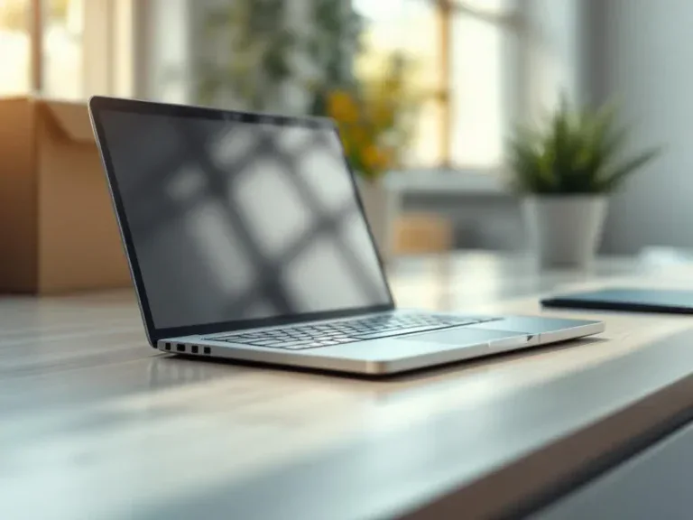Zilveren laptop gesloten op modern bureau naast kartonnen verhuisdoos, zachte raamverlichting creëert warme schaduwen