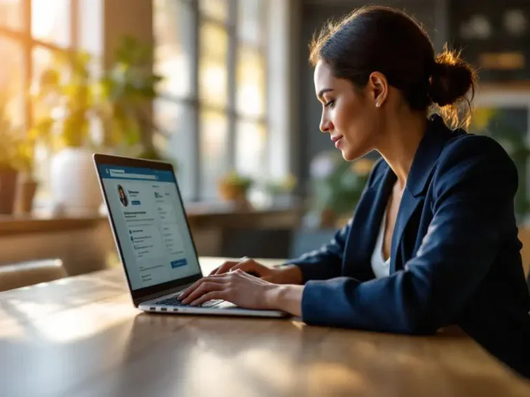 Professionele vrouw in marineblauw jasje past LinkedIn-profiel aan op laptop aan houten bureau in modern kantoor
