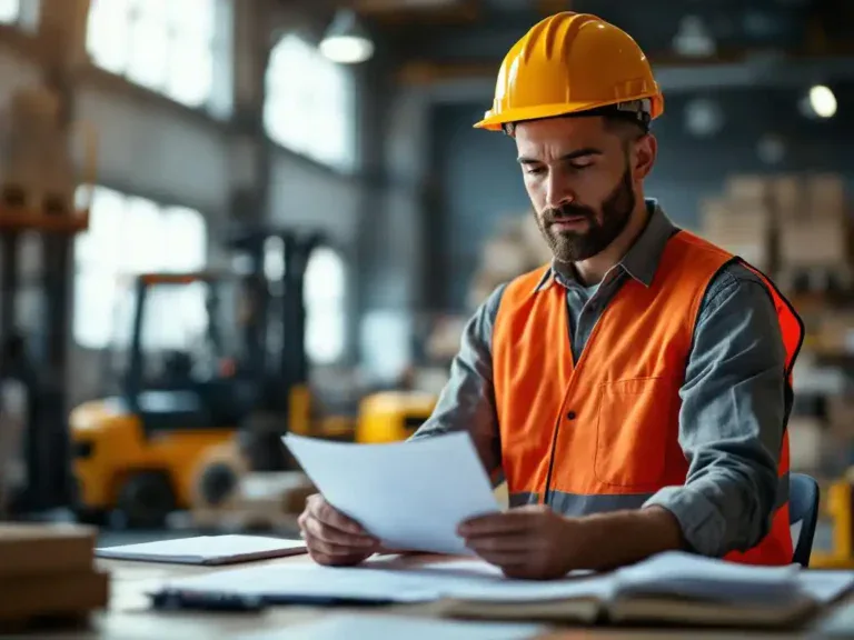 Logistiek professional in oranje veiligheidsvest bekijkt carrièredocumenten aan modern magazijnbureau met heftrucks op achtergrond