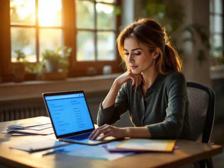Professionele vrouw van middelbare leeftijd bestudeert kleurrijke loopbaanassessments en certificaten aan houten bureau met laptop op achtergrond