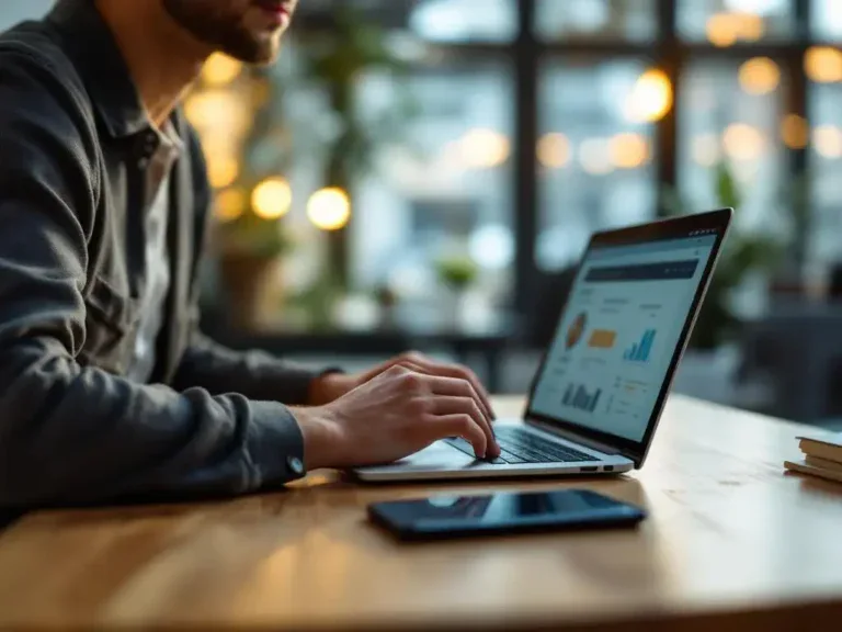 Professionele loopbaancoach werkt aan laptop met digitale assessmenttools terwijl smartphone carrière-apps toont op modern houten bureau