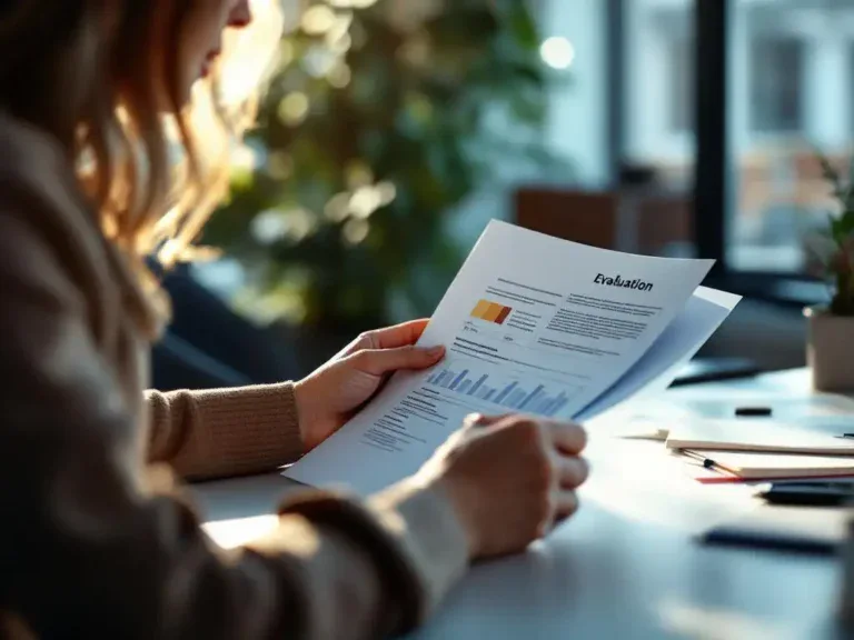 Professionele loopbaanadviseur bestudeert evaluatiedocumenten aan modern bureau bij natuurlijk licht