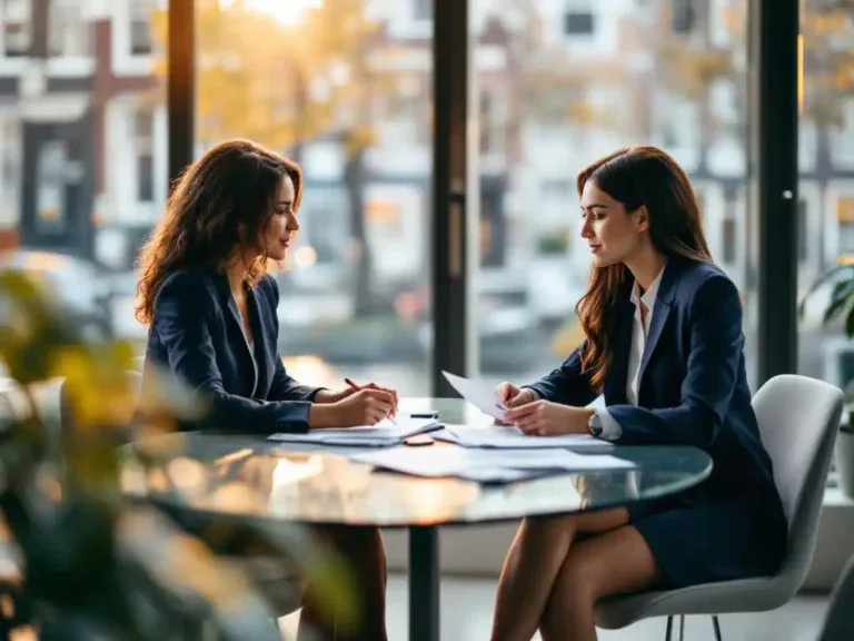 Professionele zakenvrouw en Nederlandse loopbaancoach bespreken documenten aan glazen vergadertafel in helder Amsterdams kantoor
