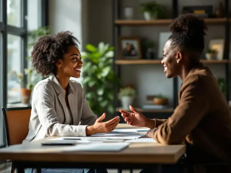 Diverse vrouw in gesprek met carrièreadviseur aan modern bureau, familiefoto's en certificaten op boekenplank