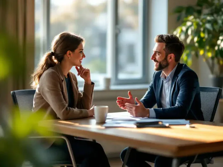 Professionele loopbaancoach in gesprek met cliënt aan houten bureau in modern kantoor met natuurlijk licht