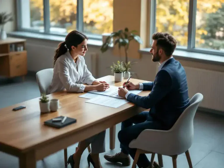 Professionele loopbaanbegeleider wijst naar verschillende gekleurde mappen tijdens adviesgesprek aan eiken bureau