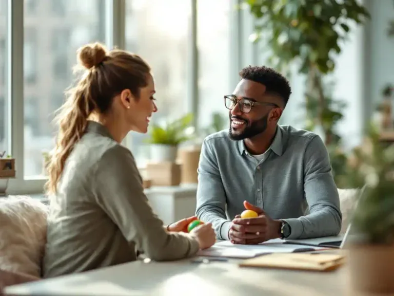 Loopbaancoach en professional in gesprek aan bureau in moderne kantoorruimte met natuurlijk licht en warme tinten