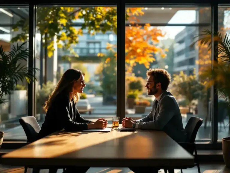 Loopbaanbegeleider in gesprek met cliënt aan houten bureau, met zicht op revalidatiecentrum en bedrijfstrainingscentrum door ramen