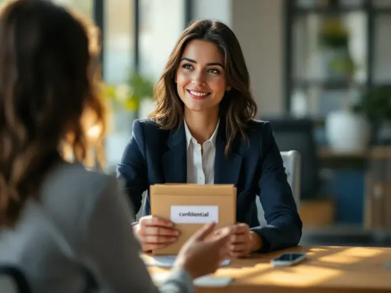 Professionele vrouw in gesprek met loopbaancoach aan eiken bureau met vertrouwelijk dossier, warme kantooromgeving