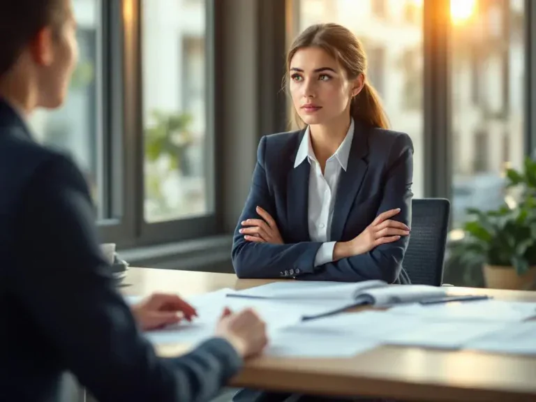 Professionele vrouw in pak zit tegenover loopbaancoach aan modern bureau, armen gekruist, re-integratiedocumenten tussen hen