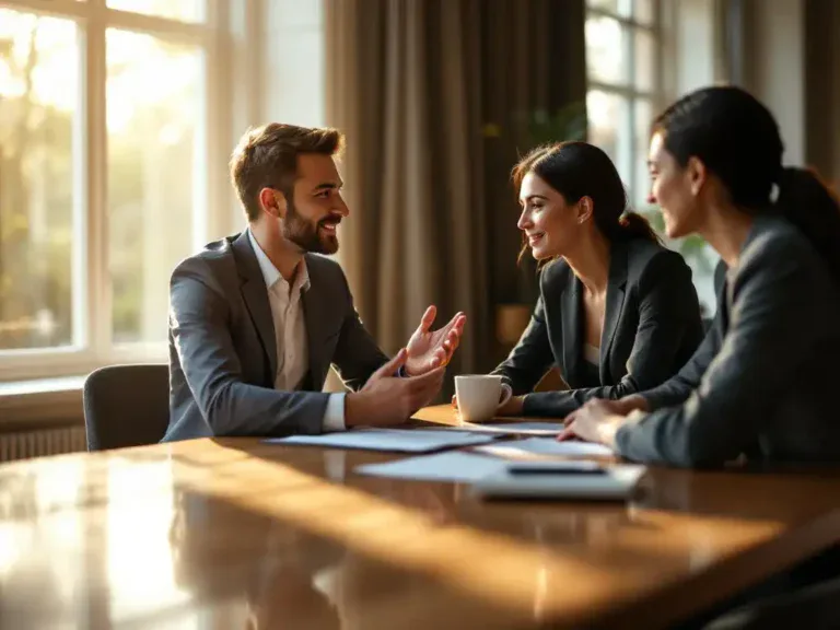 Professionele mediator begeleidt gesprek tussen twee personen aan houten conferentietafel met documenten en koffie