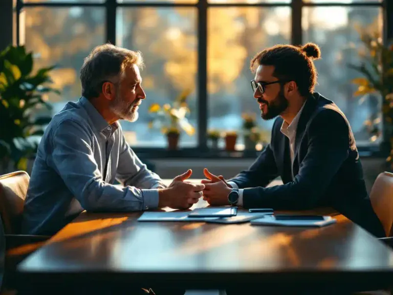 Ervaren mentor in gesprek met werkzoeker aan houten conferentietafel in modern Nederlands kantoor met natuurlijk licht