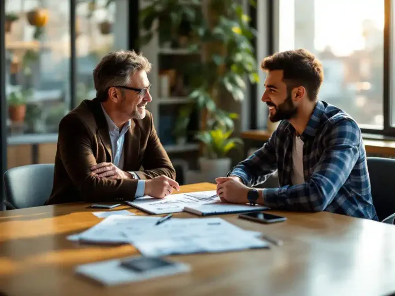 Professionele mentor wijst naar zakelijke schetsen in notitieboek tijdens gesprek met ondernemer aan houten vergadertafel