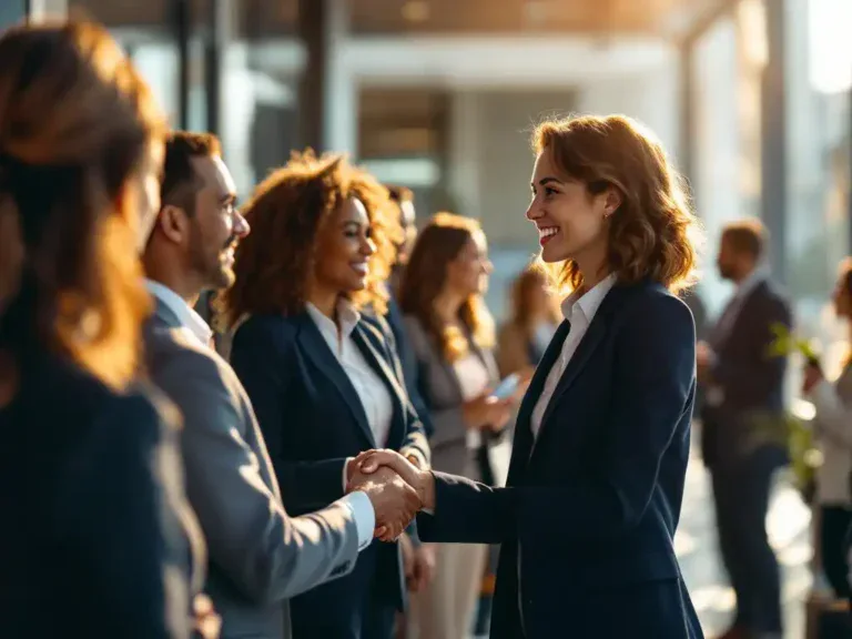 Professionele vrouw in donkerblauwe blazer schudt handen met diverse zakelijke professionals in moderne kantoorlobby