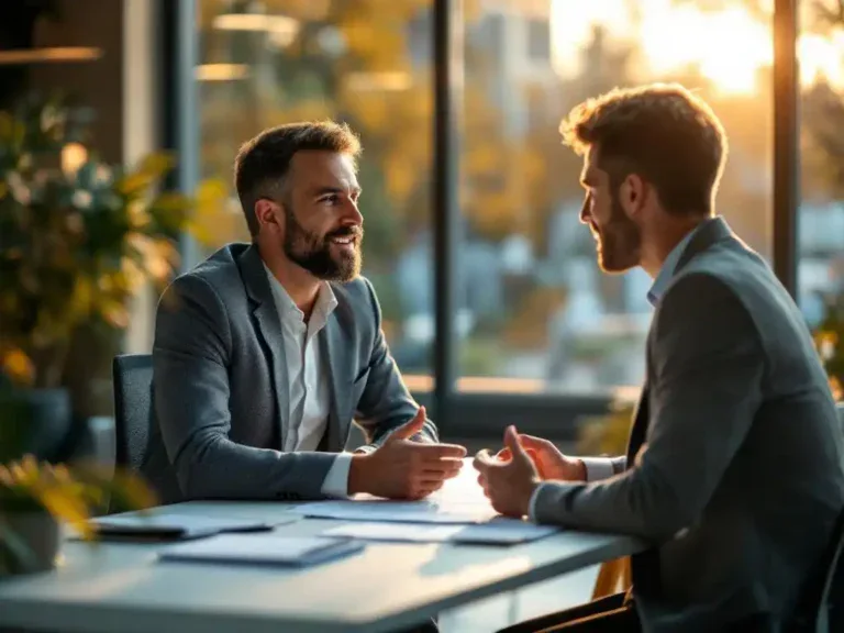 Professionele outplacement consultant in gesprek met cliënt aan witte bureau in moderne Nederlandse kantooromgeving met natuurlijk licht