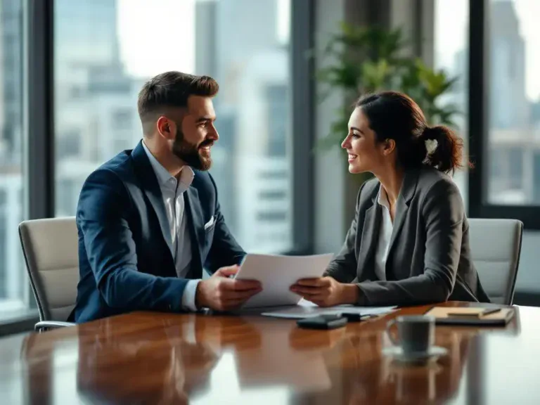 HR-manager en vertrekkende medewerker in gesprek aan houten vergadertafel in modern kantoor met stadsview