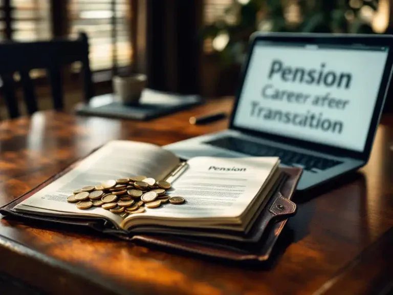 Versleten leren pensioenmap met gouden munten naast laptop met loopbaandocumenten op mahonie bureau in professioneel kantoor