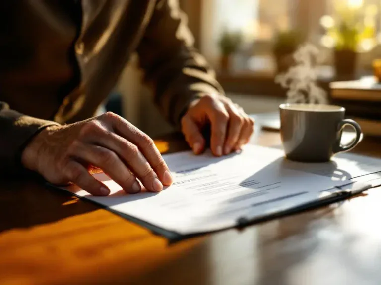 Professionele handen rangschikken pensioen- en carrièreplanningsdocumenten op houten bureau met koffiekopje in warm kantoorlicht