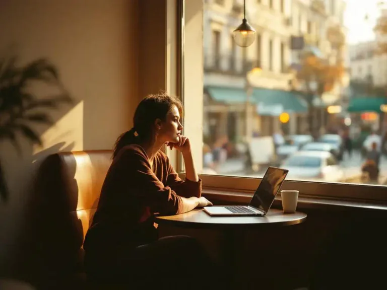 Persoon zit peinzend bij caféraam met gesloten laptop en koffie, warme zonnestralen creëren zachte schaduwen