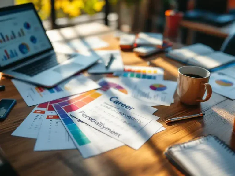 Loopbaancoach bureau met kleurrijke persoonlijkheidstests, laptop met grafieken, koffiekop en notities op houten tafel