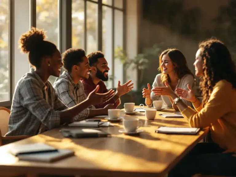 Diverse professionals in levendig gesprek rond houten vergadertafel, handen gebarend, natuurlijk zonlicht door grote ramen