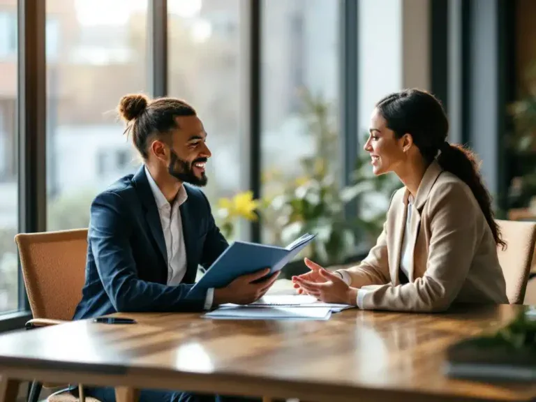 Twee professionele consultants in gesprek aan eiken vergadertafel, één met herintegratiedossier, warme kantooromgeving