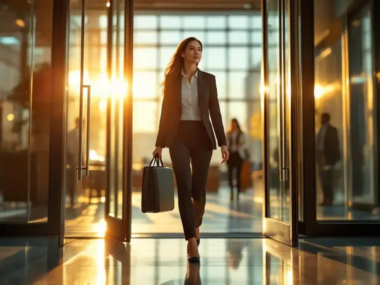 Professionele vrouw in zakelijke kleding loopt zelfverzekerd door glazen deuren van modern kantoorgebouw met aktetas