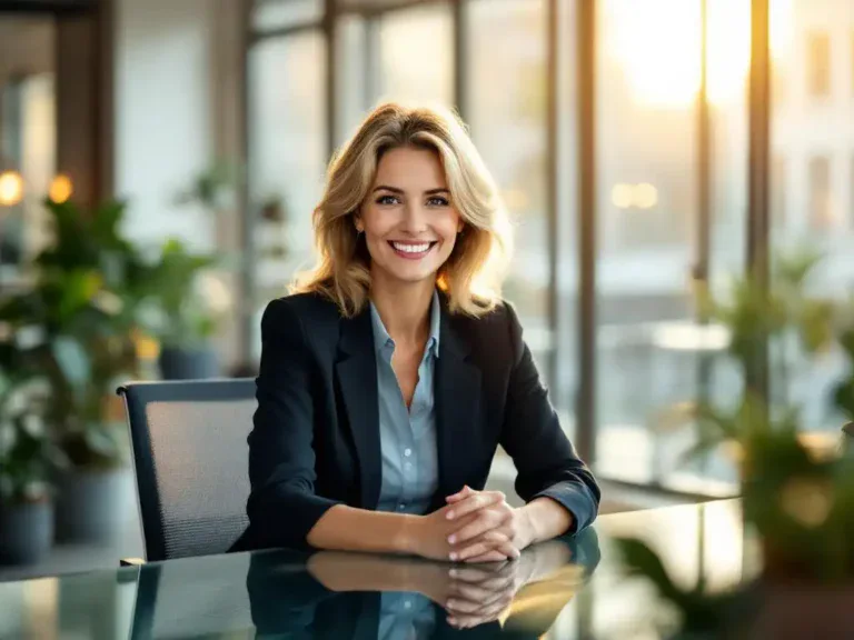 Professionele vrouw zit zelfverzekerd aan glazen bureau in moderne kantoorruimte met natuurlijk licht en planten