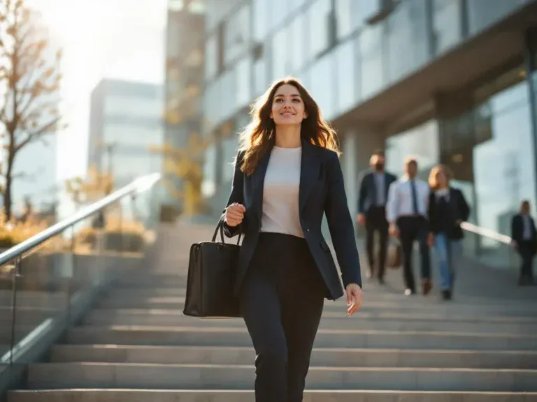 Professionele vrouw in pak loopt vastberaden betonnen trap op naar modern glazen kantoorgebouw met aktetas in hand