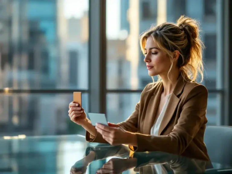 Professionele vrouw van middelbare leeftijd bekijkt twee visitekaartjes aan glazen bureau bij raam met stadsuitzicht