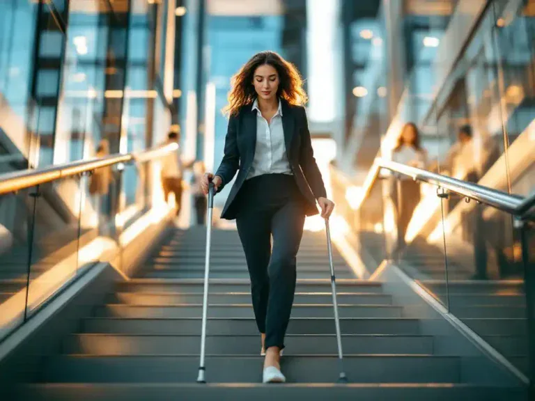 Professionele vrouw in zakelijke kleding loopt zelfverzekerd met wandelstok door moderne kantooromgeving met glazen wanden