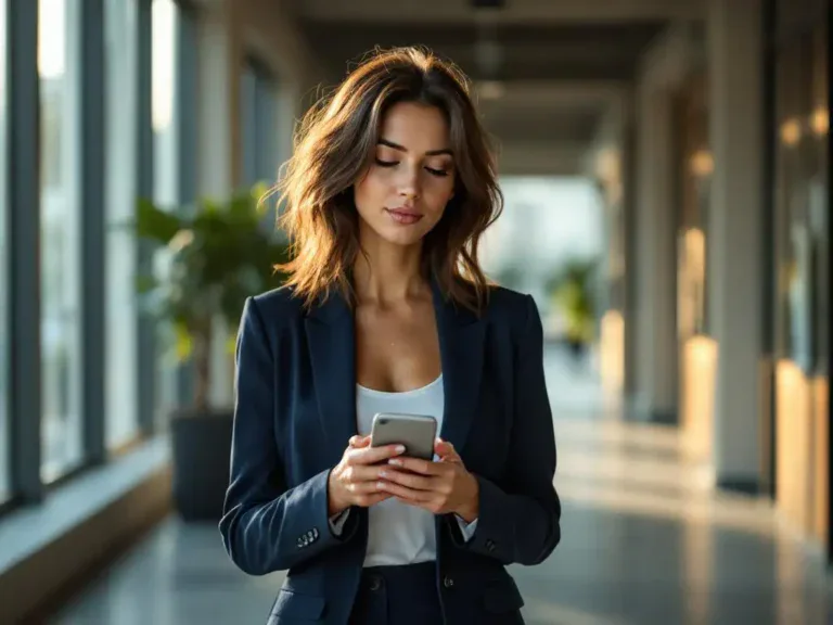 Professionele vrouw in marineblauw jasje staat op kantoor kruispunt met smartphone, overweegt inkomende oproep