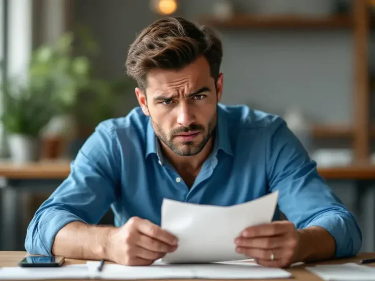 Bezorgde professional aan bureau houdt verfrommelde referentiebrief vast, smartphone met gemiste oproepen ernaast