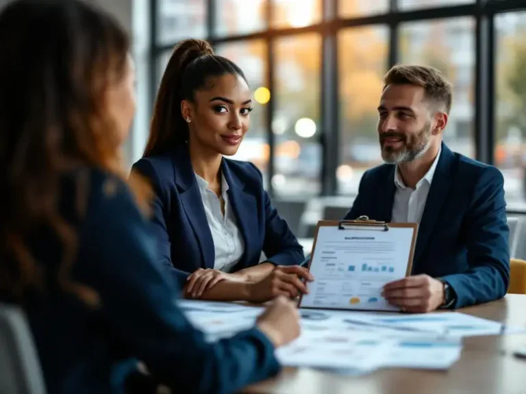 Professionele vrouw in marineblauw jasje bespreekt revalidatie en carrièremogelijkheden met twee adviseurs aan conferentietafel