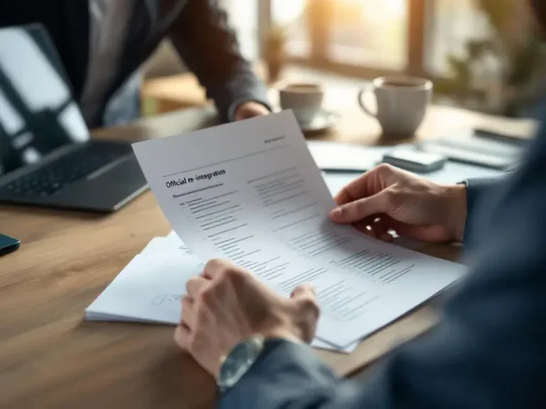 Professionele consultant bestudeert re-integratie document op houten bureau met laptop en koffiekopje in kantooromgeving