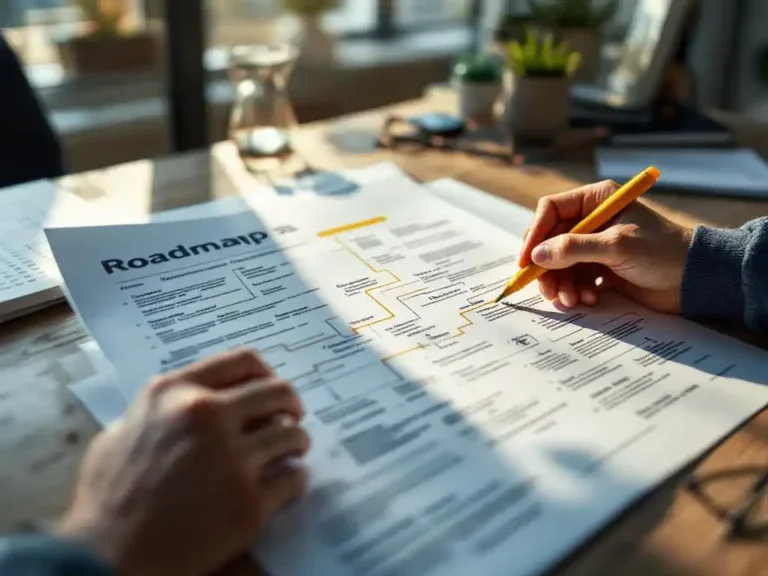 Roadmap document op bureau met gele markeerstift die pad markeert, koffiekop en leesbril ernaast in kantooromgeving