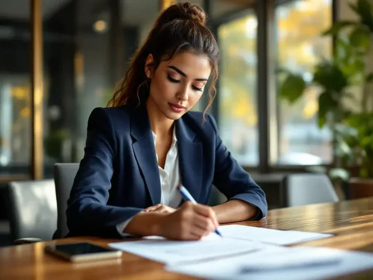 Professionele vrouw in marineblauw jasje bekijkt salarisonderhandelingsnotities aan houten vergadertafel met contract