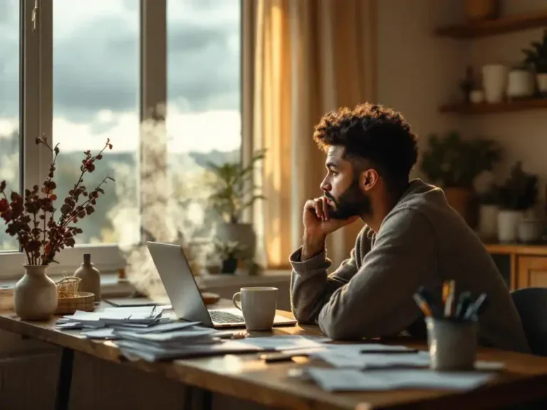Persoon zit peinzend aan houten keukentafel met laptop, sollicitatiepapieren en dampende koffiemok, kijkend naar bewolkte lucht door groot raam