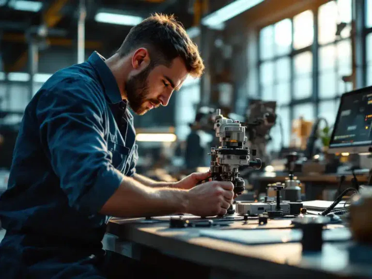 Technicus past precisie-instrumenten aan op moderne werkbank met gereedschap en handleidingen, natuurlijk licht door industriële ramen