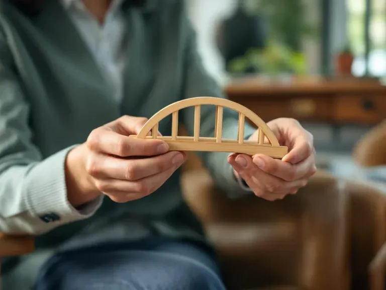 Counselor houdt houten brugmodel vast tijdens therapiesessie in moderne kantoor met natuurlijk licht