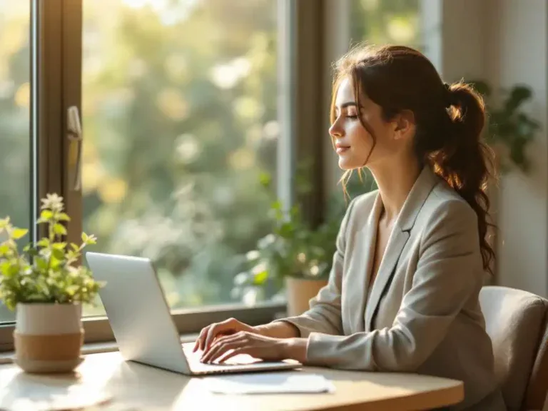 Professionele vrouw in zakelijke kleding kijkt vanuit modern thuiskantoor door groot raam naar serene tuin, laptop en koffiekop op bureau