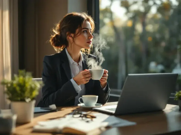 Professionele vrouw in pak houdt theekop vast terwijl ze peinzend uit raam kijkt aan thuiskantoor bureau met laptop en documenten