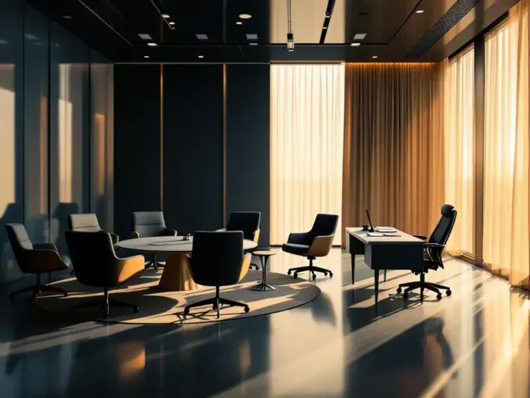 Professionele vergaderruimte met ronde tafel en zes stoelen links, directiestoel bij bureau rechts, natuurlijk licht door grote ramen