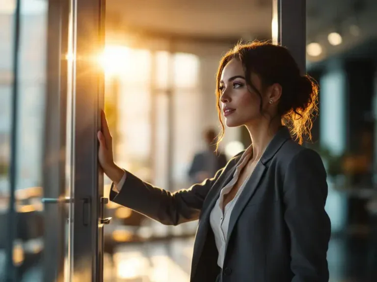 Professionele vrouw in zakelijke kleding stapt vastberaden door glazen kantoordeuren naar moderne werkplek met natuurlijk licht
